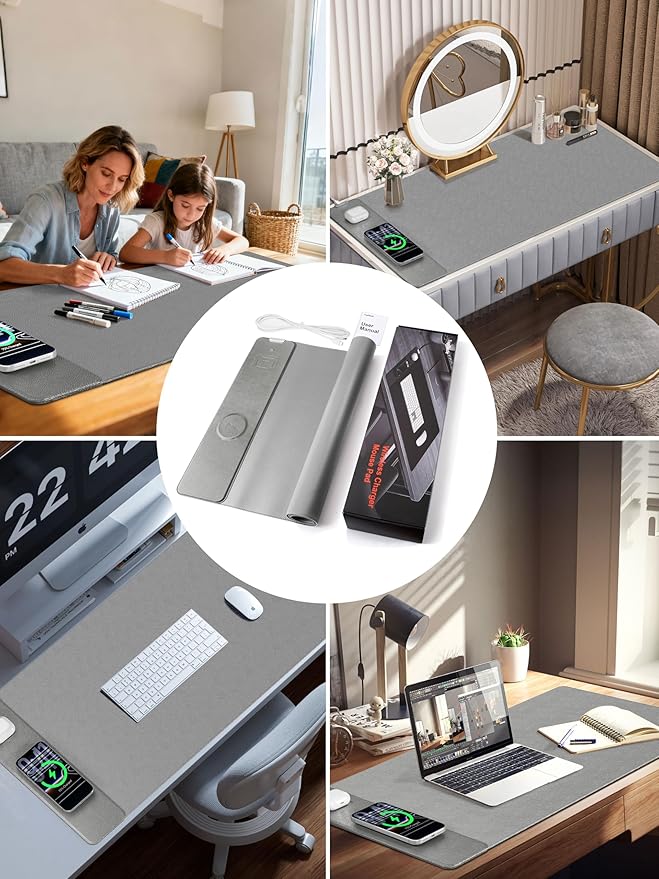 TopMade Mouse Pad with 15W Wireless Charging XXL Large Leather Desk Mat Waterproof Gaming Mousepad Home Office Desk Pad Protector Computer Keyboard Pad Mouse Mat for MacBook PC Laptop Gray