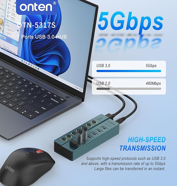Onten OTN - 5317S 7 - Port USB 3.0 Hub 5Gbps High - Speed Data Transfer Independent Switches Wide Compatibility for Laptop Pad Phone Game Console