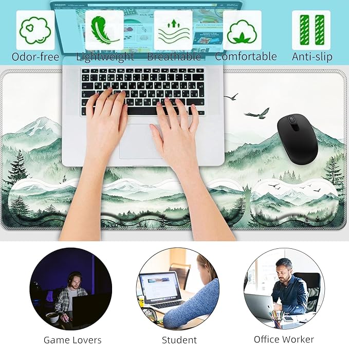 Keyboard Wrist Rest+Mouse Wrist Pad+Desk Pad SetMemory Foam Ergonomic Easy Typing Pain Relief for Computer Laptop Office Home - Misty Forest