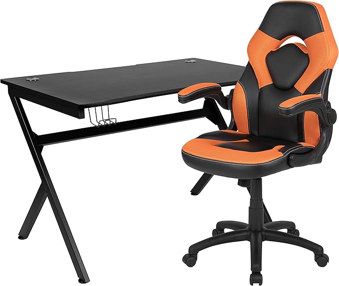Flash Furniture Optis Black Gaming Desk and Orange/Black Racing Chair Set with Cup Holder Headphone Hook &amp 2 Wire Management Holes