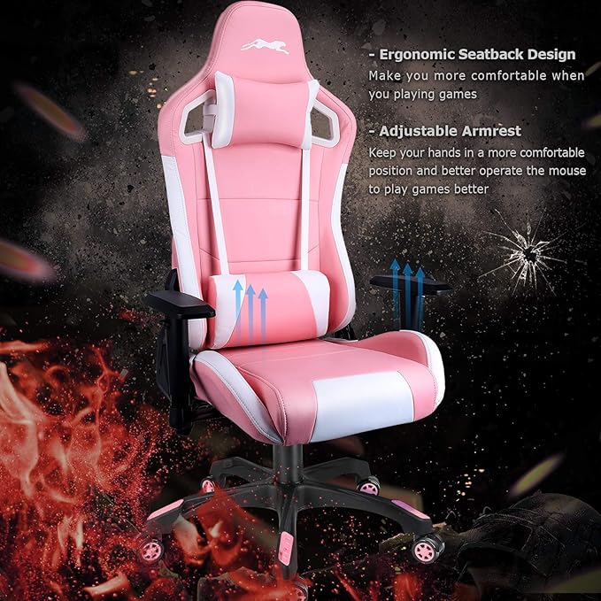 Leopard Gaming Chair High Back PU Leather Office Chair Adjustable Video Gaming Chairs Swivel Racing Chair with Adjustable Armrest (White/Pink)
