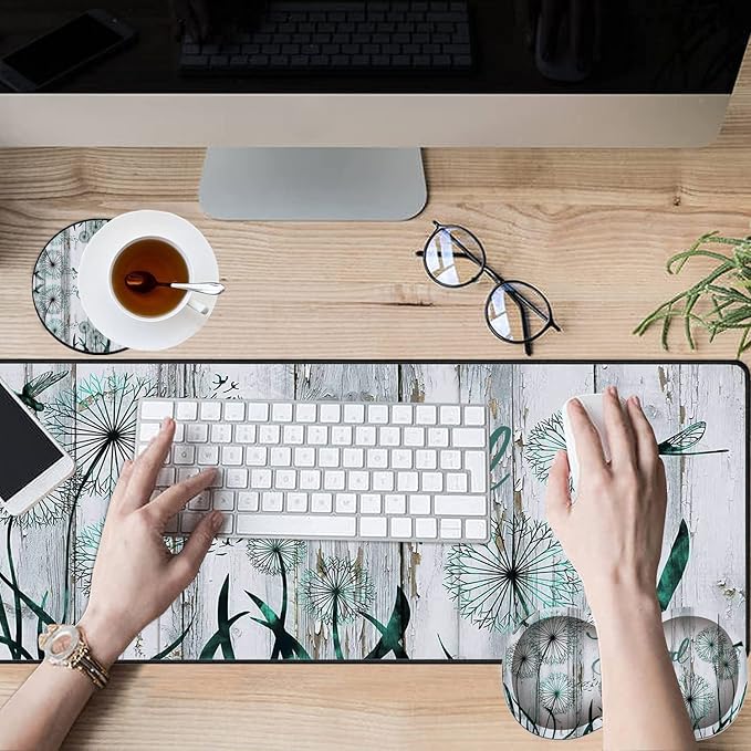 Large Game Mouse Pad + Wrist Support Pad + Coffee Coaster Dandelion and Blessed Foldable Table Mat with Stitched Edge Non-Slip Set Pad Suitable for Office Work and Home