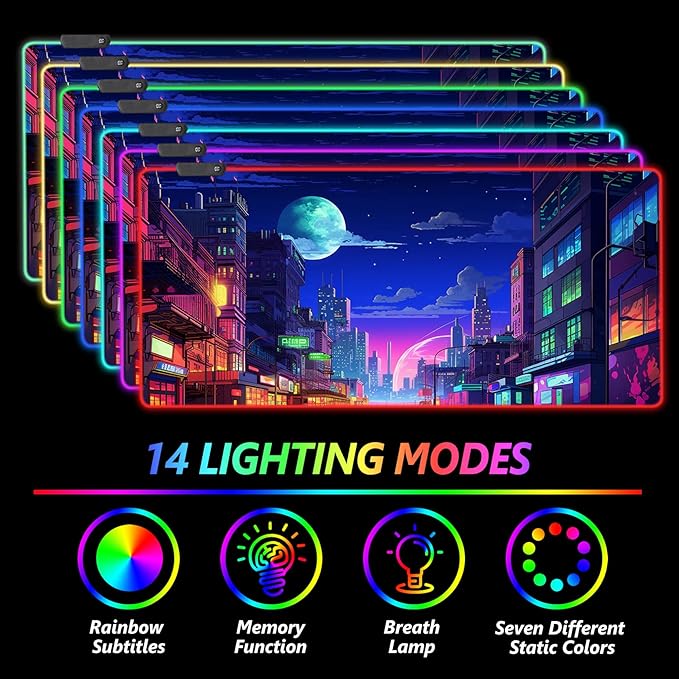 AIMSA RGB Gaming Mouse Pad Large Mousepad with 14 Led Light Modes Keyboard Pad Gaming Accessories for Desk Non-Slip Rubber Base Mouse Mat for Gamer Modern Urban Night Scene