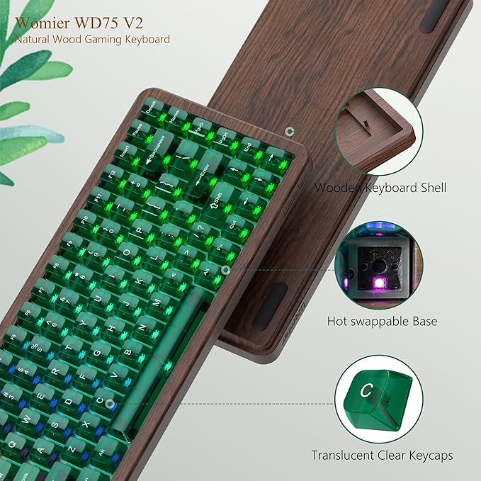 Womier 75% Mechanical Keyboard Wireless with QMK/VIA WD75 V2 Wood Gaming Keyboard 8000mAh Battery Tri-Mode Custom Key Board RGB Hot Swappable with Translucent Clear Keycaps-POM Linear Switch