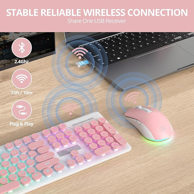 Backlit Pink Keyboard and Mouse Wireless 2.4GHz Light Up Typewriter Rechargeable Quiet Keyboard Cordless with USB Receiver for PC/Laptop(Pink)