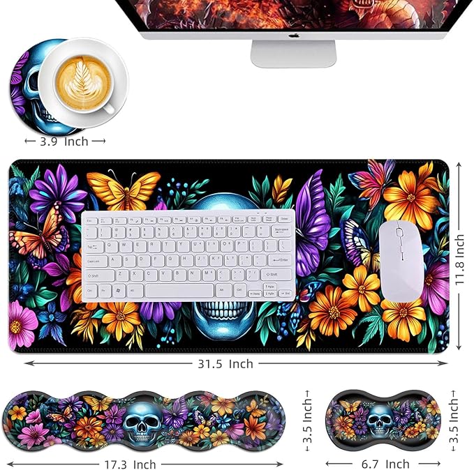 Mouse PadLarge Desk Mat Set 4in1 XL Mousepad + Keyboard Wrist Rest+Mouse Wrist Rest+Coaster with Ergonomic Desk Pad for Home Office Table Computer Cover -Skull with Flowers and Butterflies