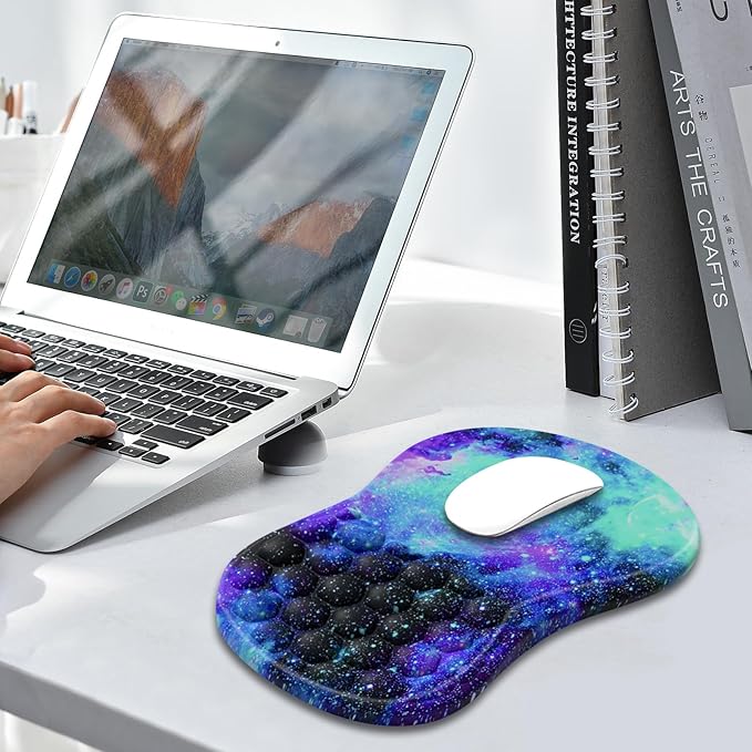 AIMSA Upgraded Wrist Rest Support Mouse Pad Ergonomic Mousepad Massage Memory Foam Design Pain Relief Comfortable Wrist Cushion Mat Non-Slip PU Base for Home Office Galaxy Nebula Universe