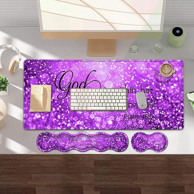 Gaming Mouse PadLarge Mouse Pad with Stitched EdgeNon-Slip Base Office Desk Pad Ergonomic Keyboard Wrist Rest SetWaterproof Writing PadPsalm 46:5 Purple Glitter Pattern Extended XXL Desk Mat