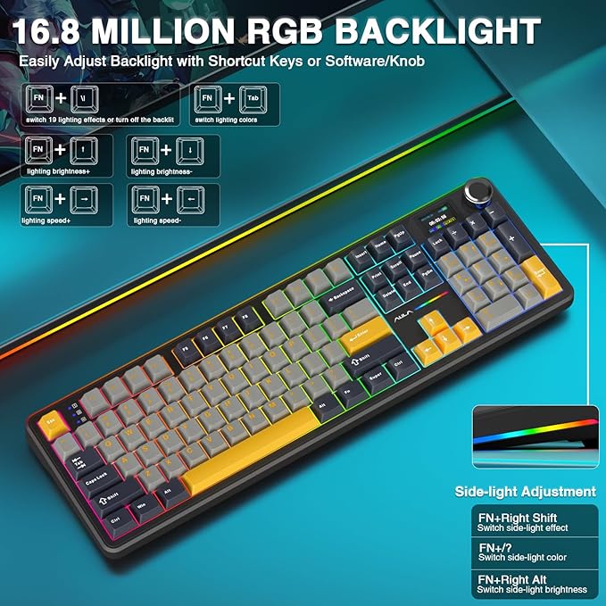AULA F108 PRO - Wireless Mechanical Keyboard with Screen&ampKnobHot Swappable Gaming Keyboard with 8000mAh BatteryPre-lubed SwitchesRGB BacklitPBT Keycaps Creamy Sounding Computer Keyboards104 K