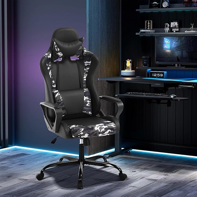 Camo Gaming Chair | Ergonomic High Back Desk Chair Racing Style with Lumbar Support Headrest &amp Arms - Heavy Duty Swivel Computer Chair for Office