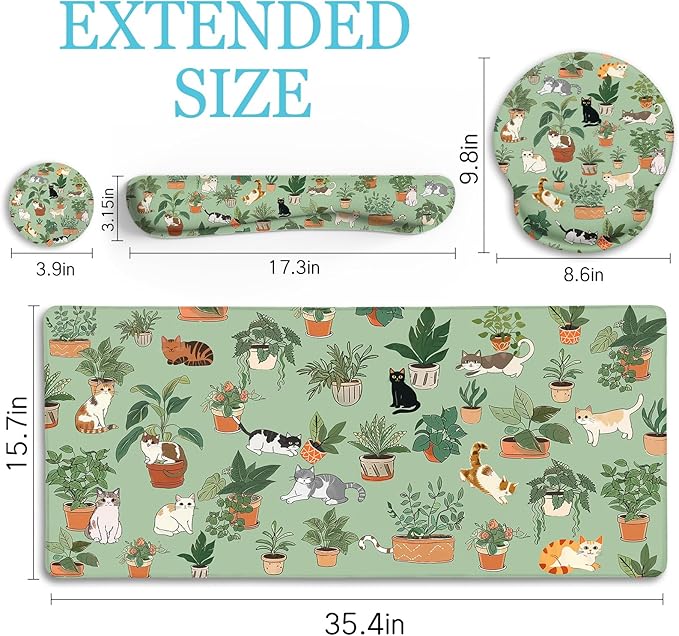 Cat Mouse Pad XXL Desk Mat Set Green Ergonomic Mouse Pad with Wrist Rest Large Gaming Mousepad Wrist Support Keyboard Mat Cup Coaster Set Cute Office Desk Decor Accessories