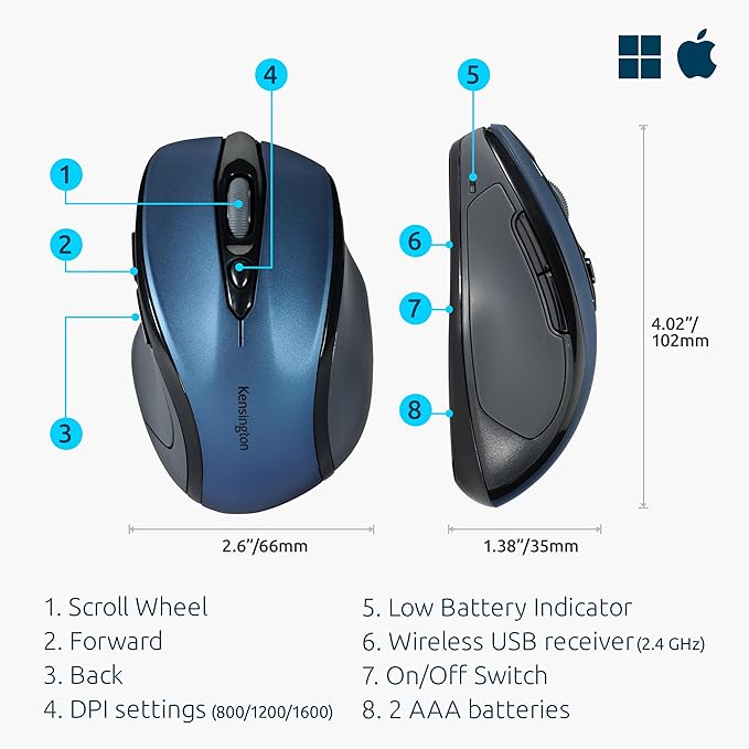 Kensington Pro Fit Mid-Size Wireless Mouse Sapphire Blue (K72421AM)