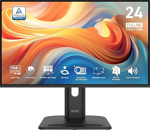 msi PRO MP245PG E14 24-inch IPS 1920 x 1080 (FHD) Computer Monitor 144Hz Adaptive-Synch HDMI Display Port VGA Port VESA Mountable Tilt Height AdjustableSpeaker 1ms Black