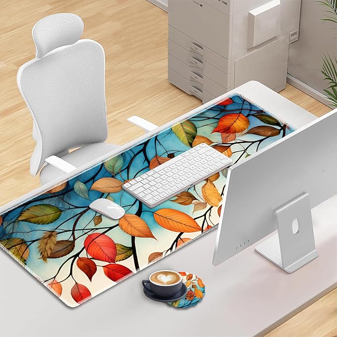 Mouse Pad Set Large Gaming Mouse Pad (31.5X 11.8 inches)+ Wrist Rest Pad + Coaster Ergonomic Wrist pad Home Office Desk Accessories Decor Supplies Leaves and Branches