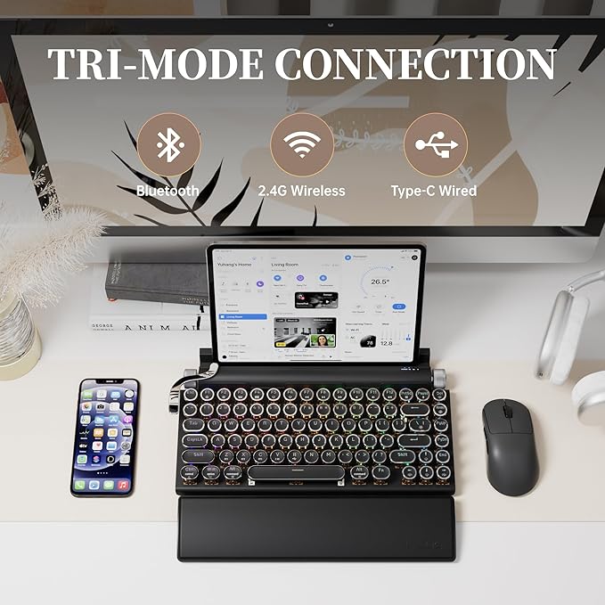 7KEYS Typewriter Keyboard Wireless Retro Style Vintage Classical Mechanical Keyboard with Bluetooth for IPAD PC/Laptop Mac/Phone (Black+Wrist)