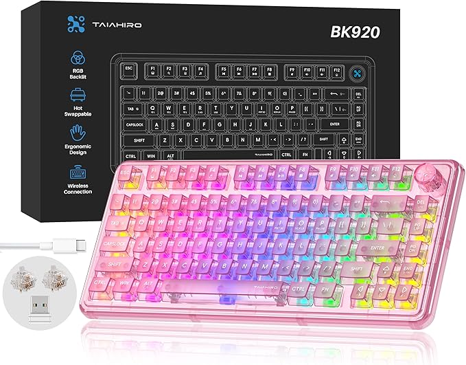 Transparent Mechanical Keyboard 80-Key RGB Backlit Wireless Gaming Keyboards Hot Swap Customizable Clear Acrylic Design Quiet Linear Switches 3 Modes BT5.0/2.4G/USB-C 4000mAh Battery (Pink)