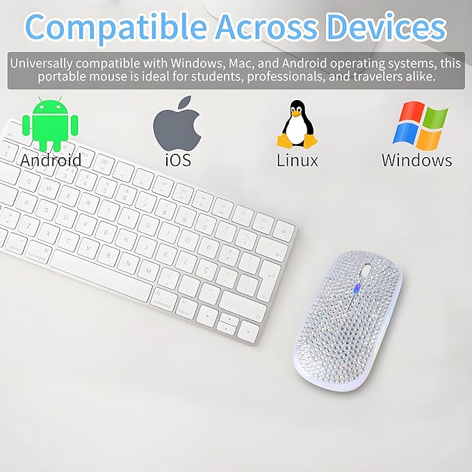 Rechargeable Bluetooth Wireless Mouse with Bling Crystal Rhinestones &amp 7-Color LED Lights - Silent Dual Mode Wireless Mouse for Laptops PCs and Macs - Perfect for Office Travel &amp Home Use (