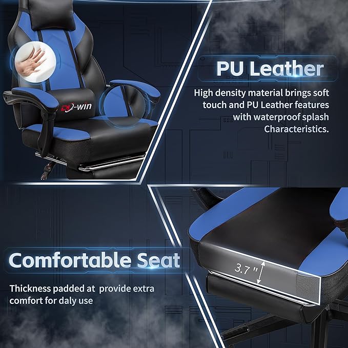 Gaming Chairs for Adults Computer Chair with Footrest and Ergonomic High Back Big and Tall Gamer Chairs with Massage Lumbar Support 360° Swivel Height Adjustable Gaming Chair Blue