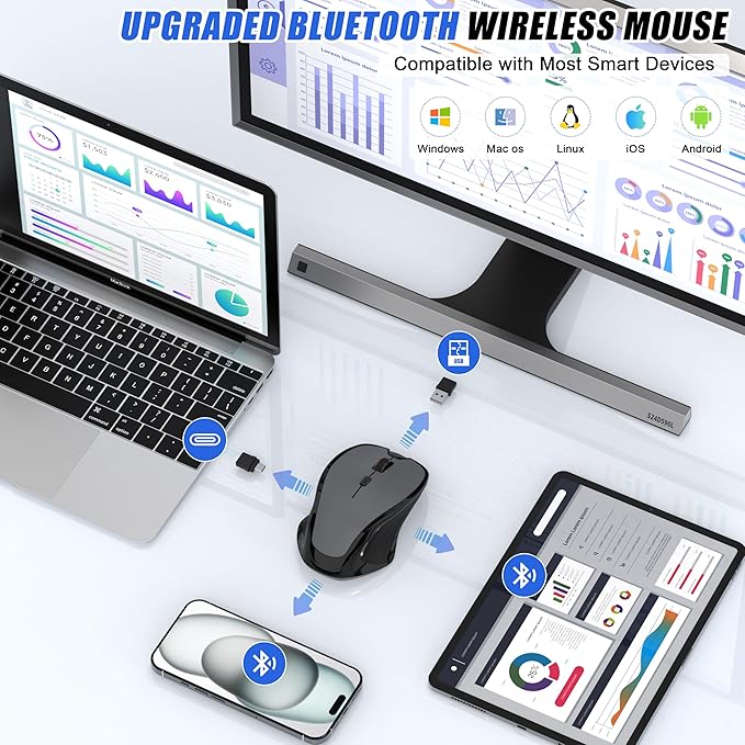 Bluetooth Wireless Laptop Mouse for MacBook Air Pro iPad Mac Ergonomic Rechargeable Mouse with Jiggler Mode 2 Mode Bluetooth &amp 2.4G USB-A/USB-C Receiver Silent Optical Computer Mice Grey