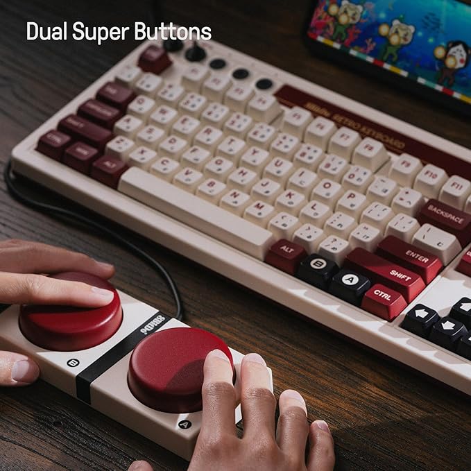 8Bitdo 87 Keys Retro Mechanical Keyboard Bluetooth/2.4G/USB-C Hot Swappable Dual Super Programmable Buttons Volume knob for Windows and Android - Fami Edition