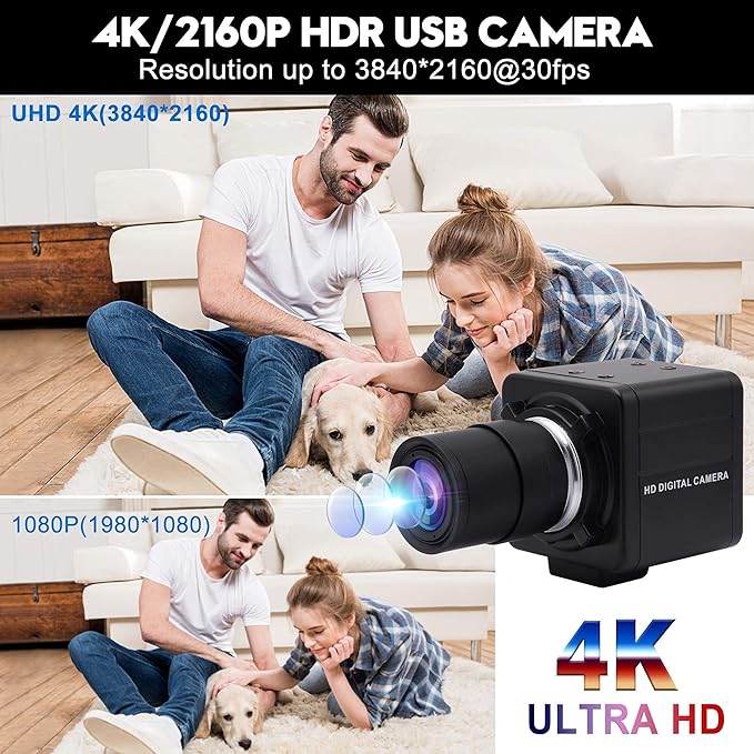 USB Camera 4K Ultra HD Mini Webcam with 2.8-12mm Optical Zoom Lens Camera High Speed USB2.0 30FPS Web Camera for MacWindowLinuxAndroid