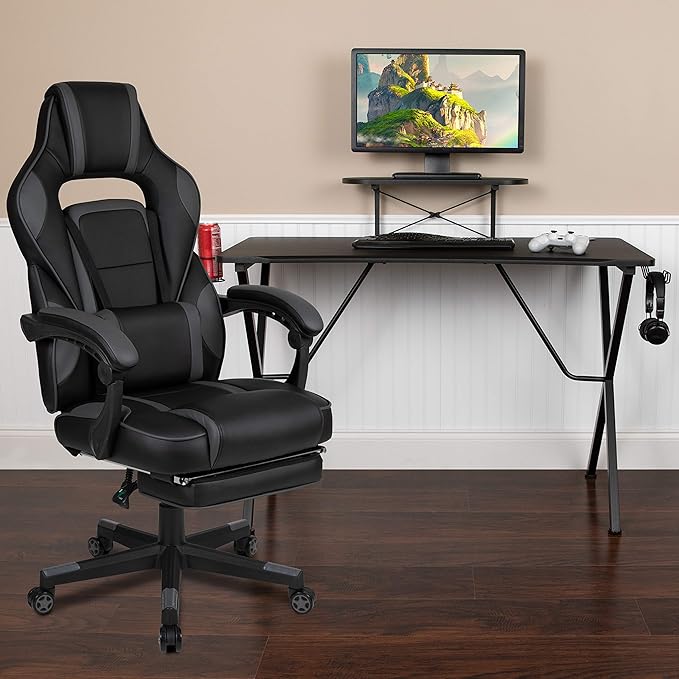 BizChair Black Gaming Desk with Cup Holder/Headphone Hook/Monitor Stand &amp Black Reclining Back/Arms Gaming Chair with Footrest
