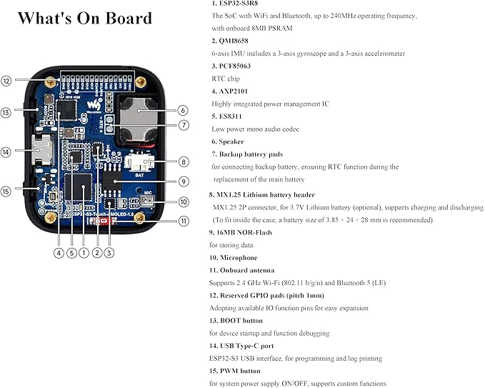 ESP32-S3 1.8inch AMOLED Touch Display Development Board 32-bit LX7 Dual-Core Processor 368×448 Pixels Onboard Audio Codec Support Offline Speech Recognition and AI Speech Interaction