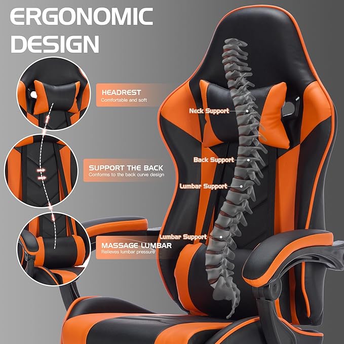 Gaming Desk Chair for Adults Ergonomic Gaming Chair with Footrest &amp Headrest and Lumbar Support Leather Material Height Adjustable Computer Video Game Chairs (Black+Orange)