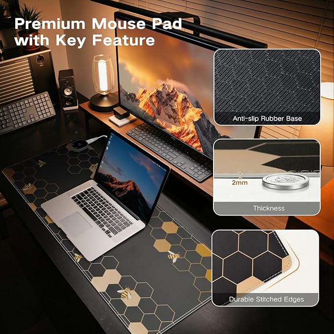 iCasso Heated Desk Pad XXL Heated Mouse Pad Hand Warmer 35.4 x 15.7 Warm Desk Protector Mat with 4 Heating Levels for Computer Keyboard Large Mousepad for Home Office Work (Honeycomb)