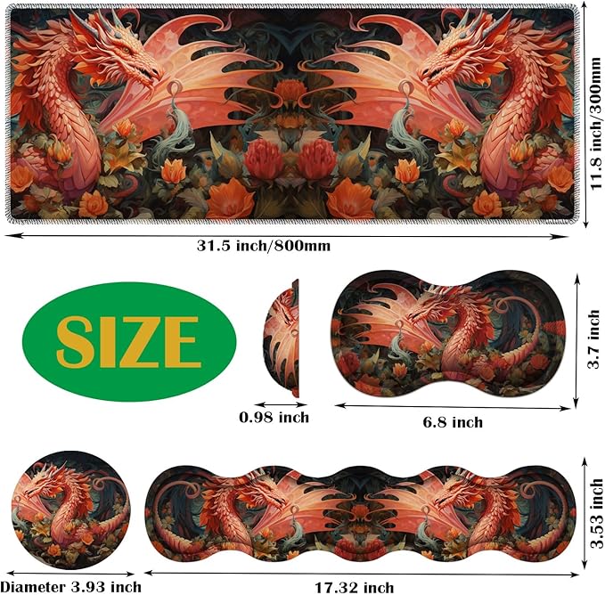 4 in 1 Mouse Pad Combo Large Gaming Mouse Pad + Keyboard Wrist Support + Mouse Wrist Rest + Coaster Table Pad with Stitched Edge Ergonomic Wrist Pad Set Dragon