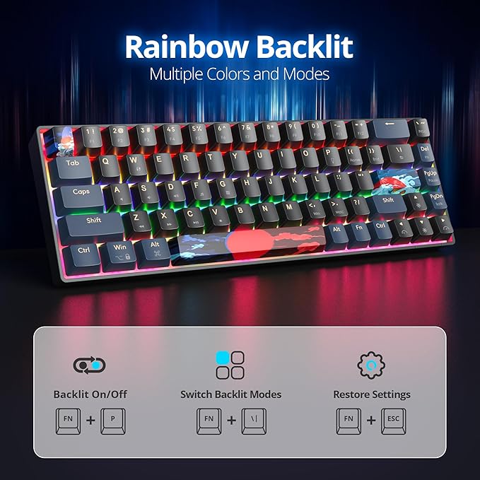 60 Percent Gaming Keyboard 68 Keys Mechanical Keyboard Rainbow Backlit Compact Wired Keyboard with Red Switch for Windows PS4/5 Xbox(68 Blue)