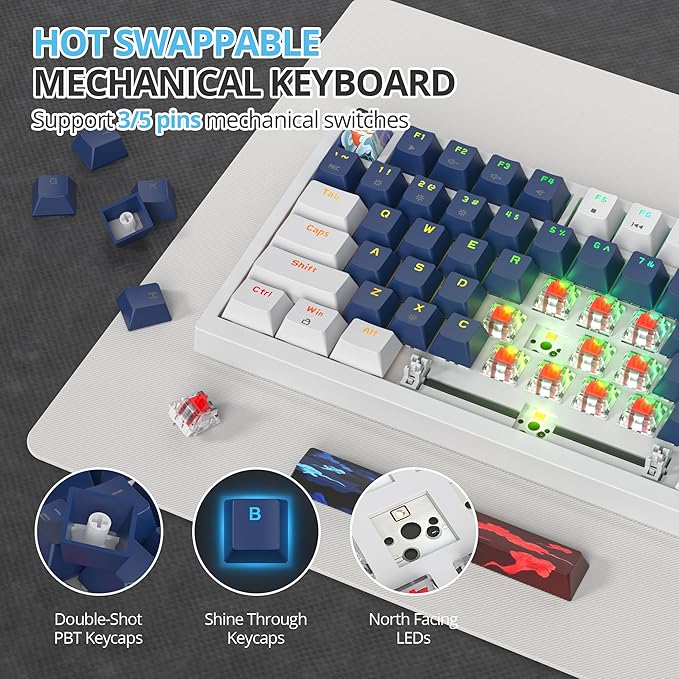 75 Percent Keyboard Gasket-Mounted with Sound Absorbing Pads 82-Key Compact Wired RGB Mechanical Gaming Keyboard Hot-Swap Socket for Win Blue Earth