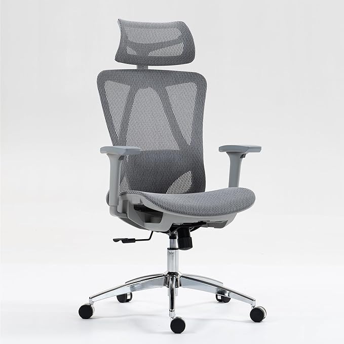 Ergonomic High Back Mesh Office Chair - Adjustable Lumbar Support Headrest &amp 3D Armrests Swivel Desk Chair for Home Office and Gaming (Gray Model C)