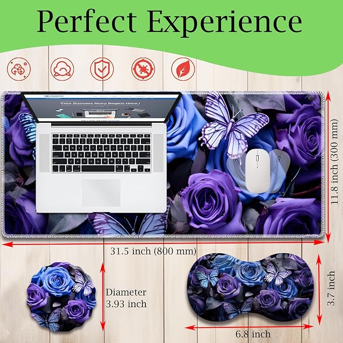 Mouse Pad Set Large Gaming Mouse Pad (31.5X 11.8 inches)+ Wrist Rest Pad + Coaster Ergonomic Wrist pad Home Office Desk Accessories Decor Supplies Purple Roses and Blue Butterflies