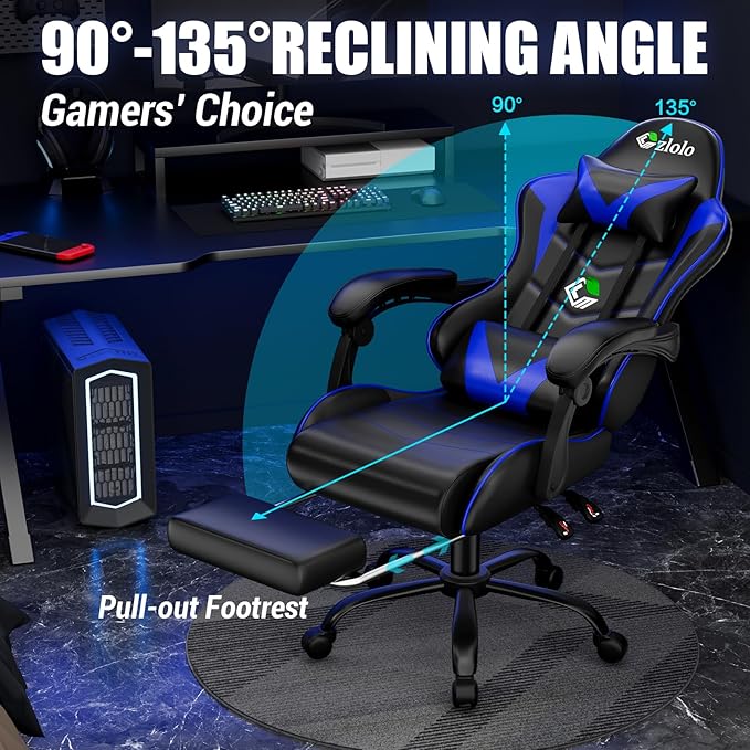 Gaming Chair with Footrest Racing Style Lumbar Support Massager Video Game Chair with Metal Legs High Back Reclining Gamer Chair with Headrest 360° Swivel Office Computer Desk Chair (Blue)