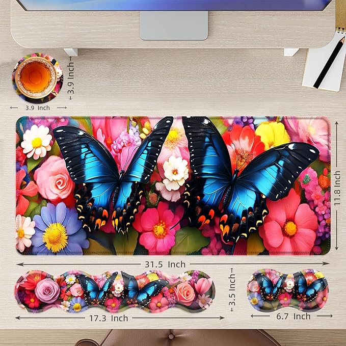 Large Mouse Pad and Keyboard Wrist Rest Desk Pad for Keyboard and Mouse 4-in-1 Large Gaming Mouse Pad with Wrist Support Desk Mat for Home Office Study GameColorful Butterfly and Flower