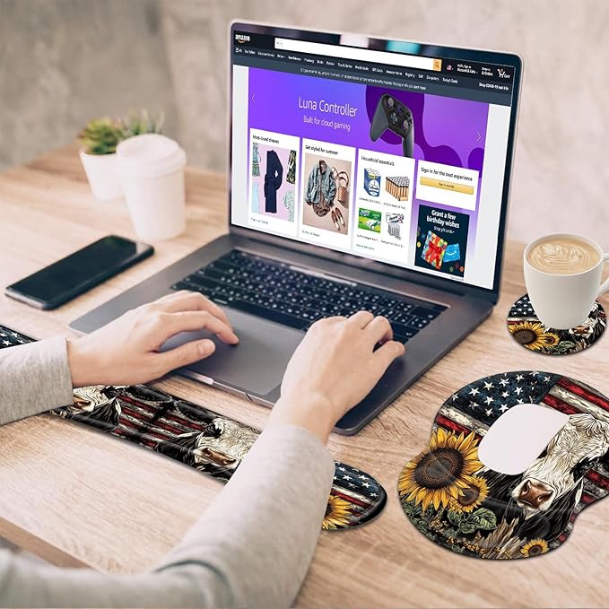 Bxgolkgd Ergonomic Gel Mouse Wrist Rest Pad and Keyboard Pad SetAnti-Slip PU Bottom Easy Typing and Relieve Wrist Pain with Cute Coaster Set (3-American Flag Cow with Sunflowers)