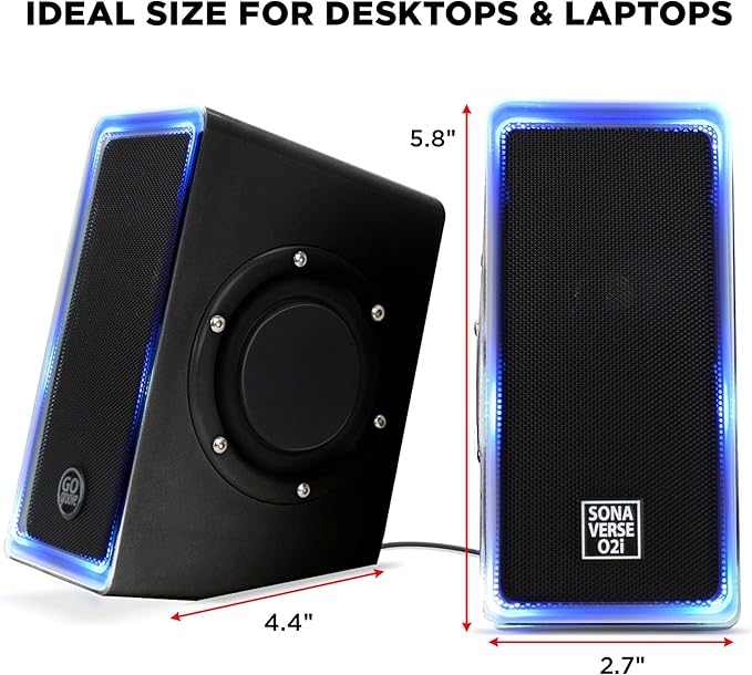 GOgroove Gaming Computer Speakers with Blue LED Light - SonaVERSE O2i Speakers for Desktop Laptop PC - USB Speaker 2.0 with AUX Input in-Line Volume Control Bass Stereo Sound 14W (Black)