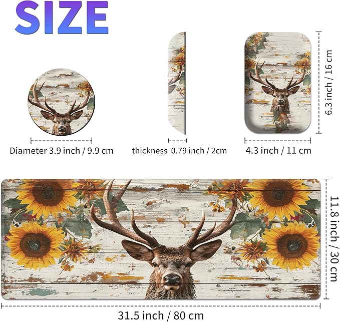 Large Mouse Pad Set Desk Mat + Elbow Rest Pad + Coaster Easy Typing Pain Relief Ergonomic Arm Rest Pad with Memory Foam Extended Desk Pad Anti-Slip Rubber Base for Office Home Wood Sunflower Deer