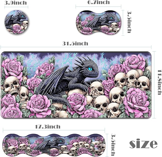 Ergonomic Keyboard Wrist Rest &amp Mouse Pad Wrist Rest SetXL Gaming Desk Mat 31.5x 11.8Non-Slip BaseMemory FoamEasy Typing Pain Relief for Office &amp HomeDragon with Roses Skulls