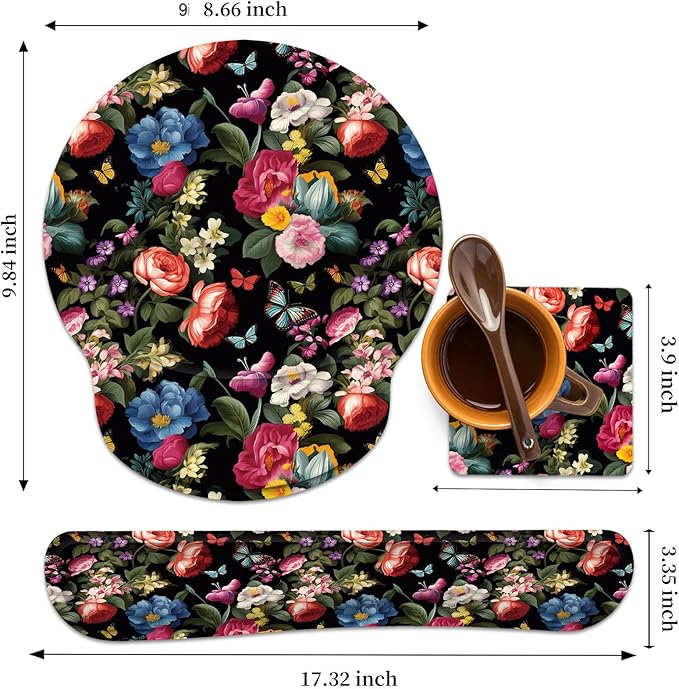 Keyboard Wrist Rest and Mouse Wrist Rest Pad with Cup CoasterMade of Memory FoamErgonomic SupportEasy-Typing and Pain Relieffor Gaming Office Home ComputerButterfly Flower
