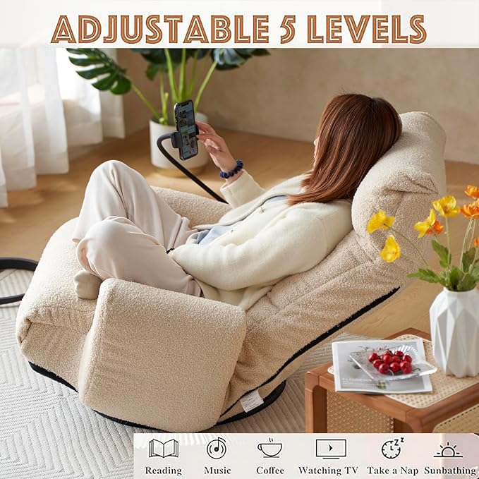 Floor Gaming Chair – 5-Position Adjustable 360° Swivel Folding Sofa Chair with Armrests Cushion-Padded Chaise Lounge for Teens &amp Adults (Beige)