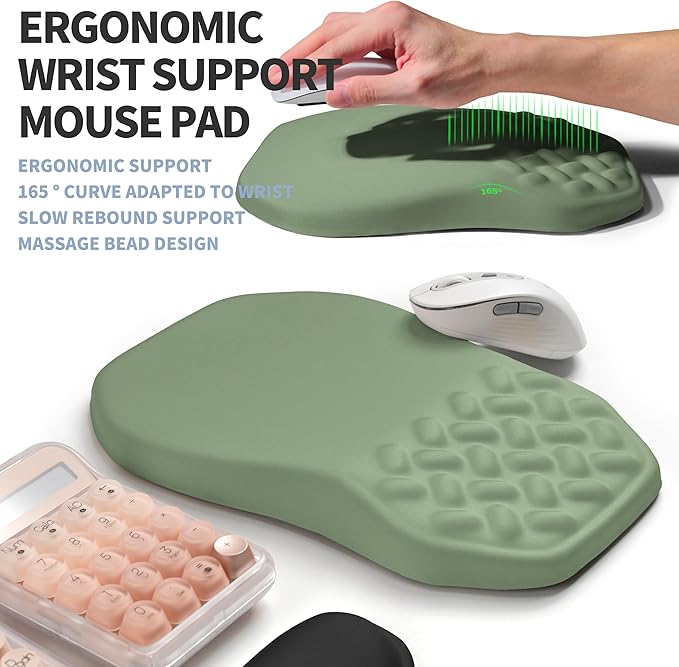 2-in-1 Ergonomic Set Wave Keyboard Wrist Rest and Massage Slope Mouse Pad Wrist Support Rebound Memory Foam for Relieve Carpal Tunnel Syndrome and Wrist Pain (Olive Green)