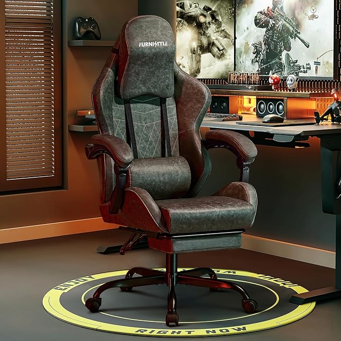 Gaming Chair Video Game Chairs with Large Headrest Pillow Linkage Armrests Retro PU Leather Ergonomic Computer Chair for Gaming or Office Green