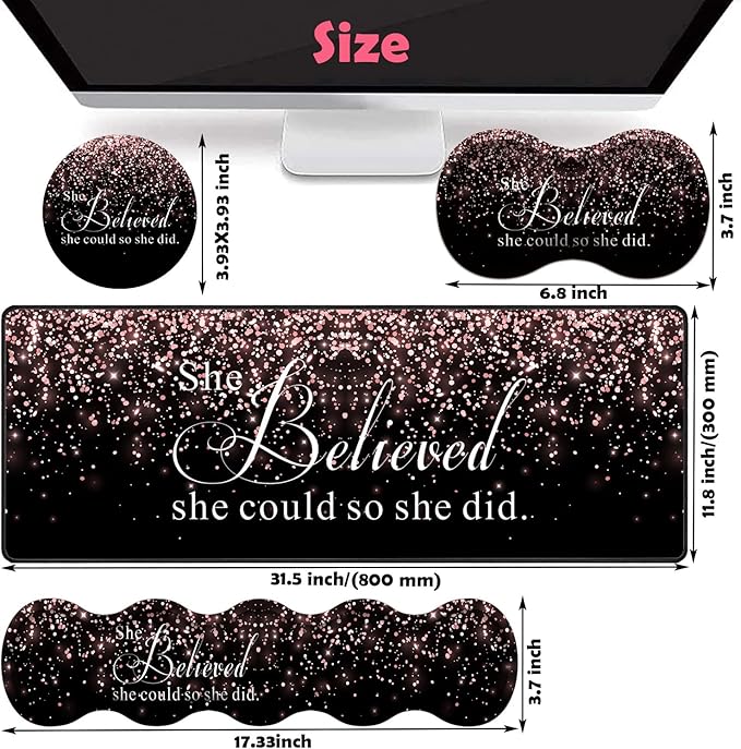 Large Gaming Mouse Pad Keyboard Wrist Rest + Mouse Wrist Pad + Coaster Combination Set Memory Sponge Non-Slip Base. Suitable for Office and Home She Believed She Could So She Did