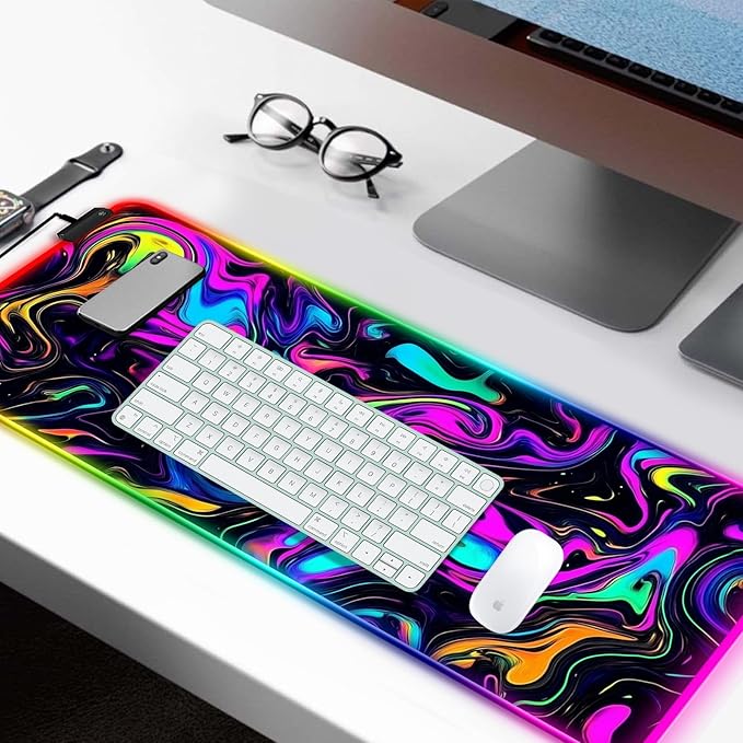 RGB Abstract Colorful Marble Swirl Fluid Gaming Desk Mat Computer Keyboard Large Extended Long LED Mouse Pad for Office and Home XL (W22)