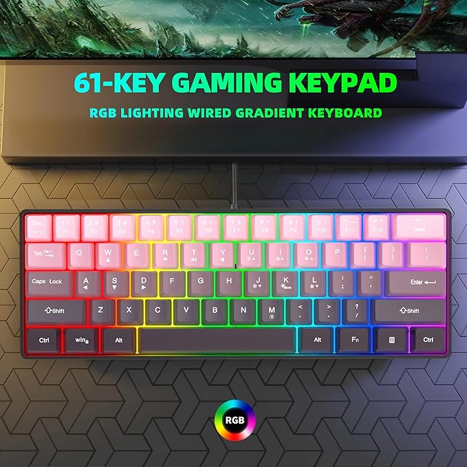 Snpurdiri 60% Wired Gaming Keyboard 61 Keys RGB Backlit Ultra-Compact Small Gaming Keyboard for PC/Mac Gamer Typist Travel Easy to Carry on Business Trip (Pink-Black)
