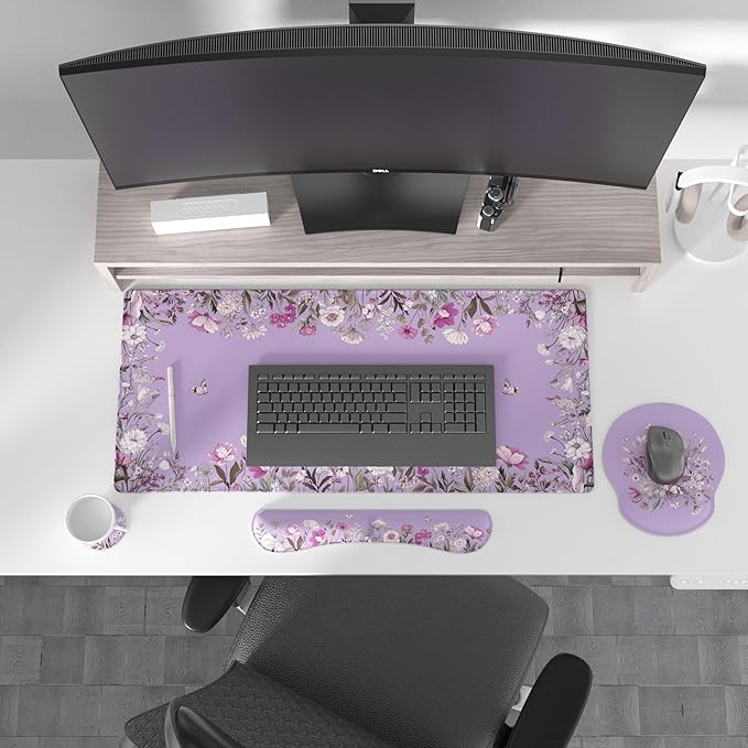 Ovenbird Mouse Pad Set 4-in-1 | Large Gaming Mousepad Keyboard Wrist Rest Mouse Wrist Support Coaster | Ergonomic Office Desk Mat Accessories for Women Men | 4PCS 35.4 x 15.7in Purple Floral