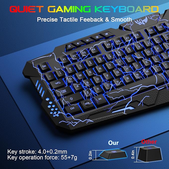 BlueFinger Backlit Gaming Keyboard Mouse and LED Headset Combo - USB Wired 3 Color Crack Backlit Blue LED Light Headset - Set for Work and Game
