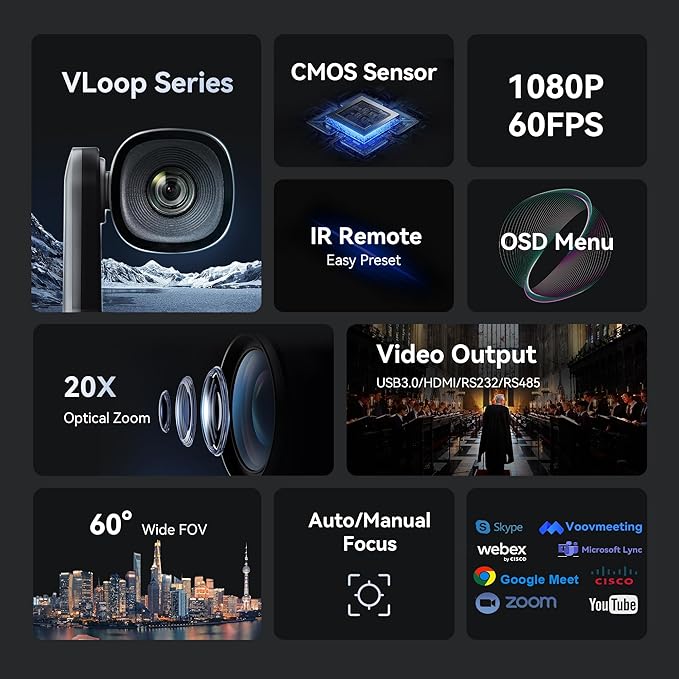 Tenveo PTZ Camera VL20H+M3B Speaker Bundle 20X Optical Zoom FHD 1080P 60FPS USB3.0/HDMI PTZ Camera and MagiCall Bluetooth Wireless Conference Speakerphone for Conference Church Services